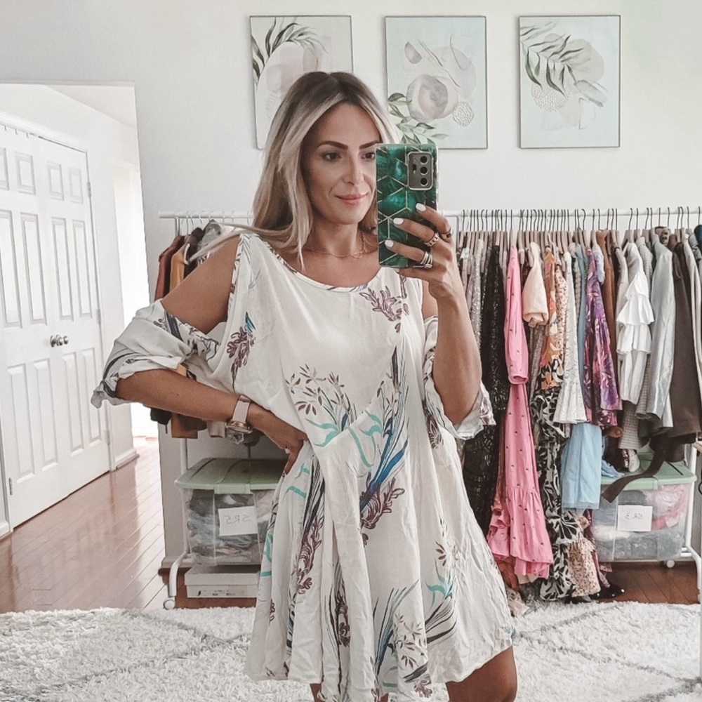 Free people printed cold shoulder loose fit mini dress